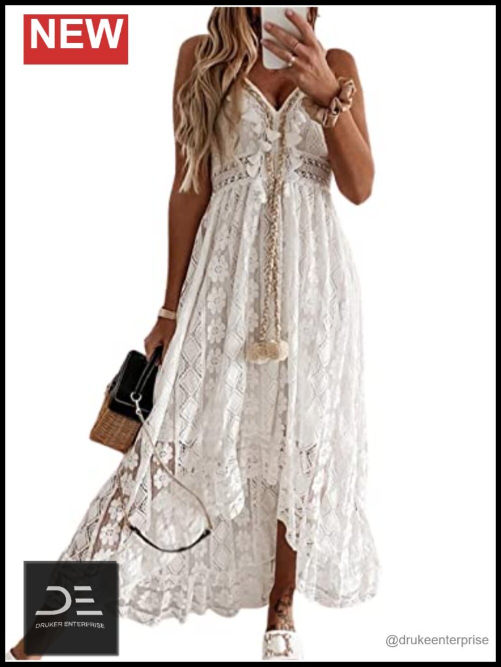 Womens Lace Crochet Maxi Dress V-Neck Adjustable Straps Summer Beach